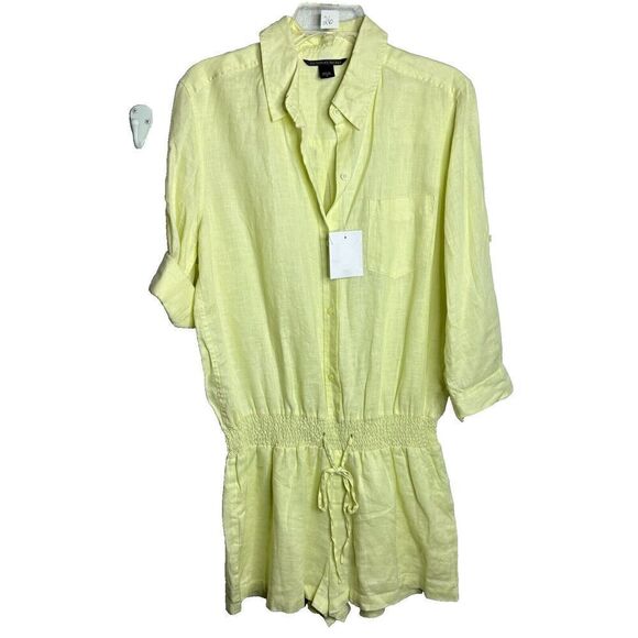 NWT Victoria Secret Romper 100% Linen Lemon Yellow Roll 3/4 Sleeves Size 12 - Picture 1 of 7